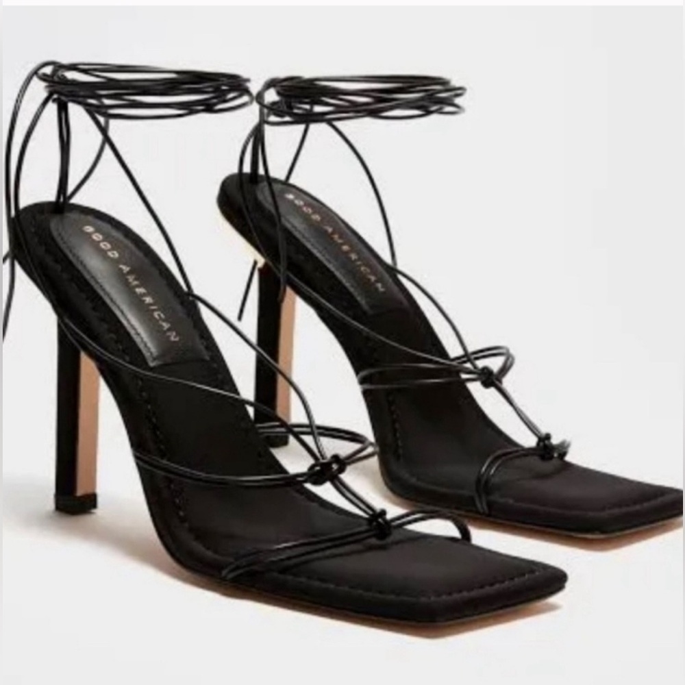 Good American Sandals Neoprene Black Lace Up Heel Size 5